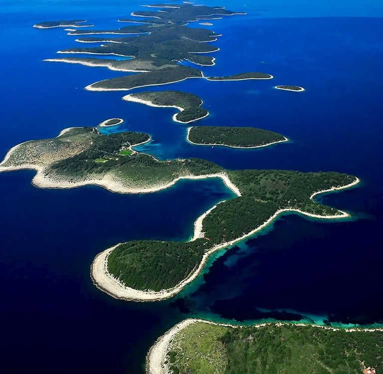 Aerial panoramic view of Pakleni Islands, seen on a private boat tour off the coast of Split, Croatia