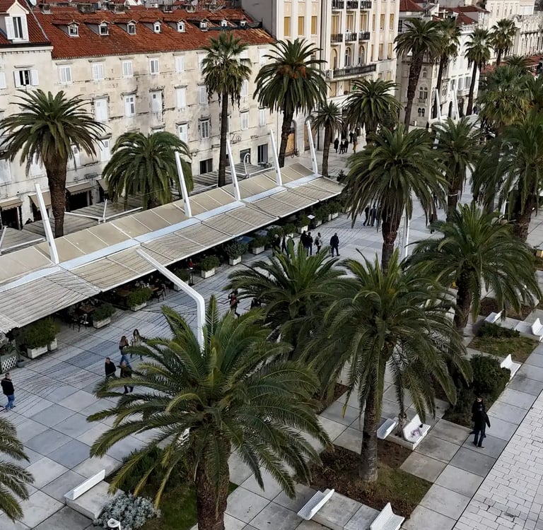 Aerial photo of Riva, Diocletian palace and Saint Domnius Cathedral, Split.