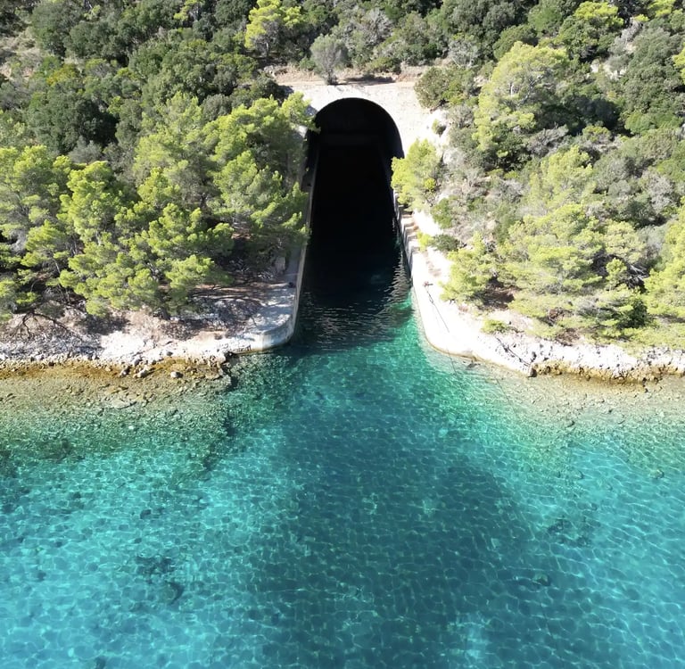 Aerial view of a historical military tunnel on Brac during a private boat tour from Split