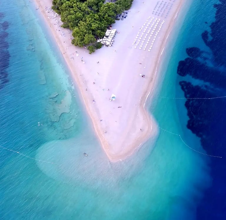 Aerial view of Zlatni Rat (Golden Horn Beach) during a private boat tour from Split