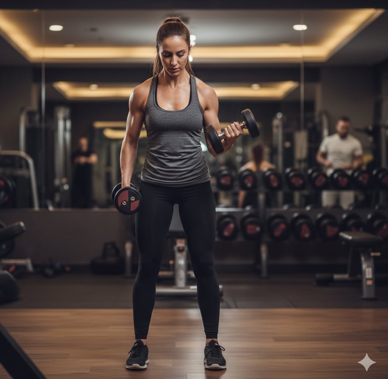 Mulher treinando em uma academia, levantando halteres