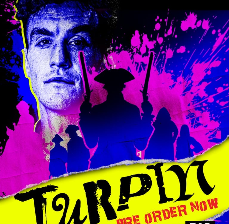 Poster for Turpin audio drama featuring Donal Finn and a silhouette of a highwayman with pistols.