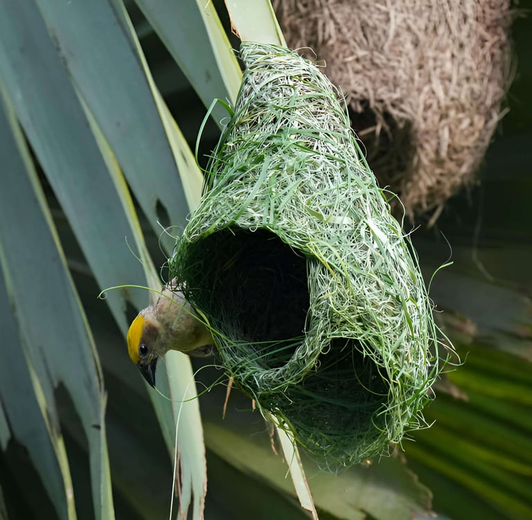 Male Baya Weaver weaving grass to construct a nest.