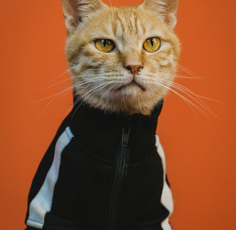 Un gato naranja con una chaqueta blanca y negra con cremallera sobre un fondo naranja
