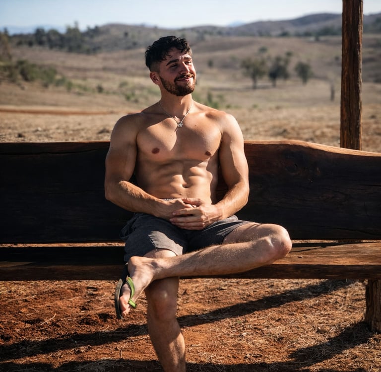Shirtless muscular man sitting on a wooden bench in a sunny outdoor desert landscape.