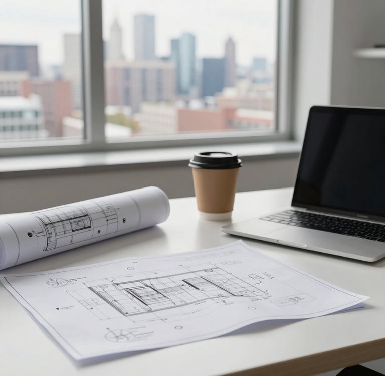 A calm office desk with engineering blueprints, a laptop, and a coffee cup by a window showing a New Jersey skyline.