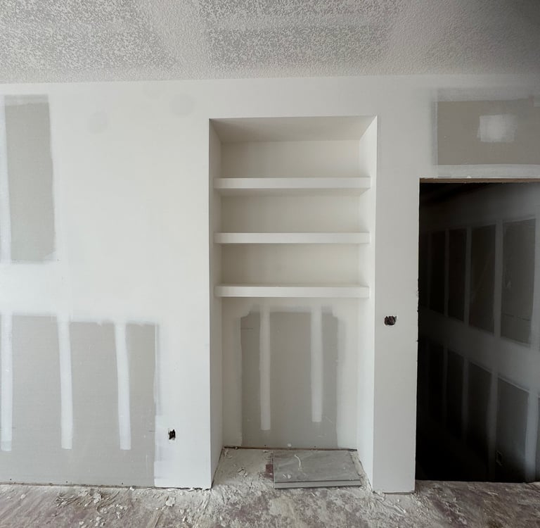 wall with fresh mud and tape and ceiling with orange peel texture