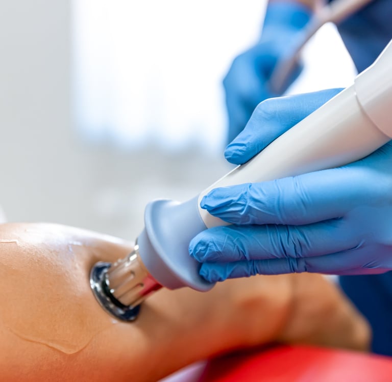 Professional phlebologist applying shockwave therapy on a patient's leg 