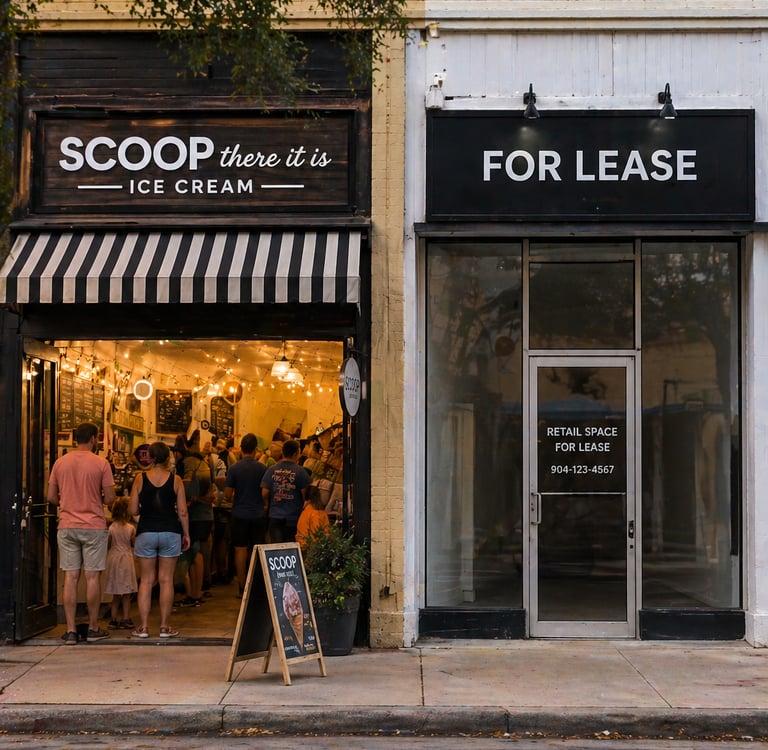 Ice cream shop and vacant storefront