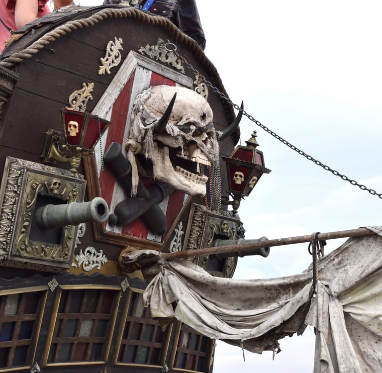front of Gasparilla ship with large skull