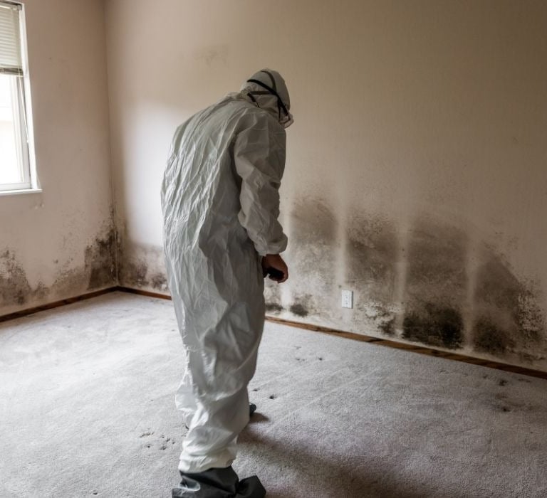 man in hazmat suit cleaning black house mold