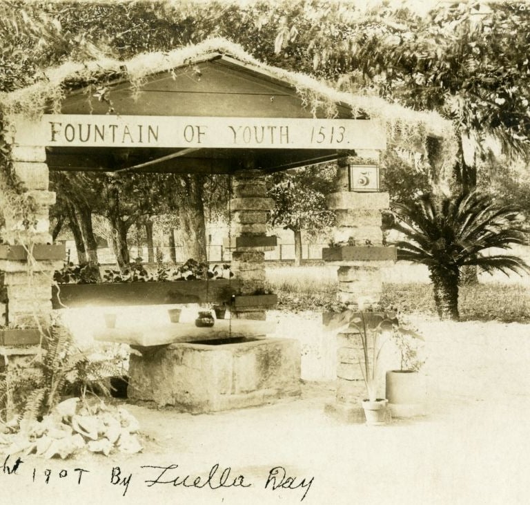 old yellowed photo of fountain of youth in st augustine, fl