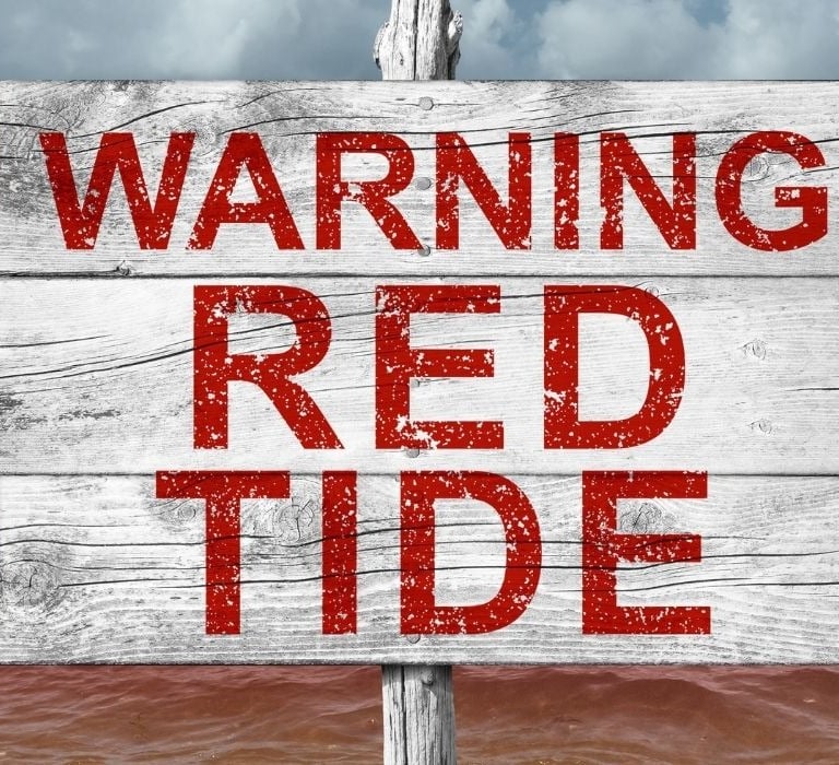 sign that says, warning red tide