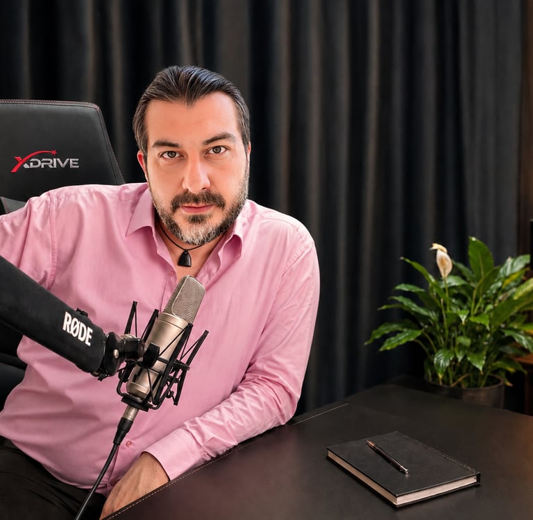 A male podcaster in a pink shirt recording with a Rode microphone in a professional studio setting.