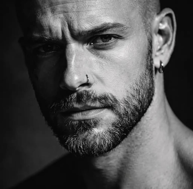 Black and white close-up portrait of a bearded man with a nose ring and hoop earring.
