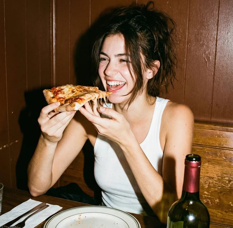 A happy young woman eating a slice of cheesy pepperoni pizza at a restaurant table with wine.