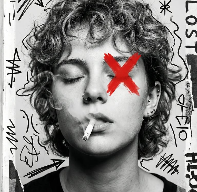 Black and white portrait of a person smoking with a red X over one eye and grunge collage art.