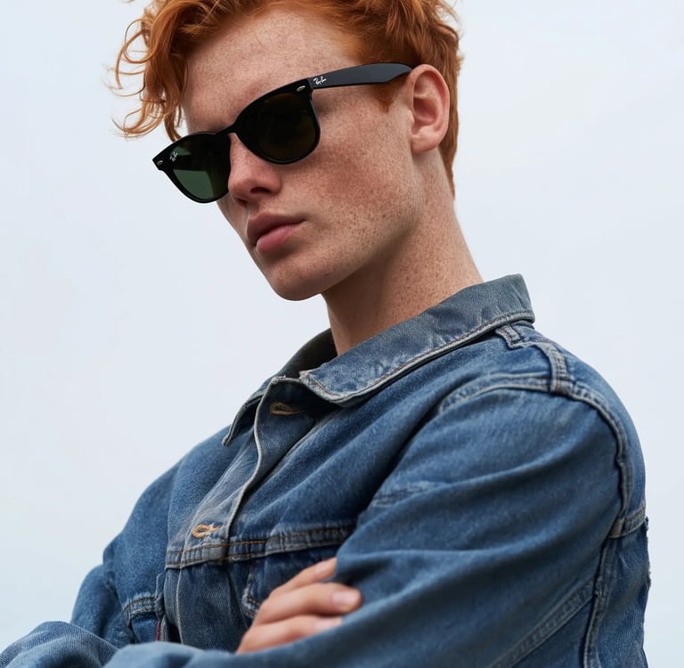 Young man with curly red hair and freckles wearing black Ray-Ban sunglasses and a blue denim jacket.