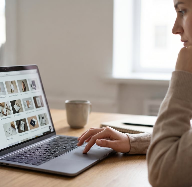 A female graphic designer reviews a digital portfolio on a laptop while working in a bright office.