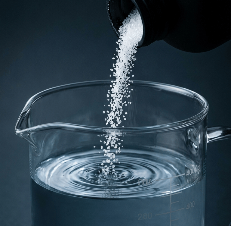 White crystalline powder pouring from a black bottle into a glass beaker of water.