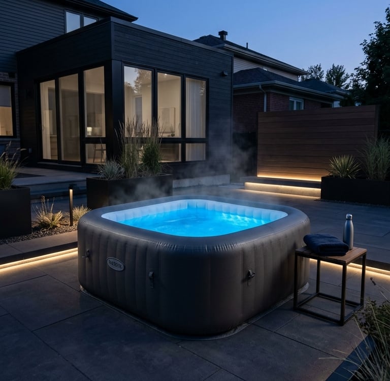 Inflatable outdoor hot tub with blue LED lighting on a modern stone patio at night.