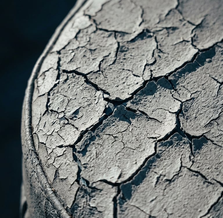 Close-up of cracked and peeling dry mud texture on a round surface showing environmental drought effects.