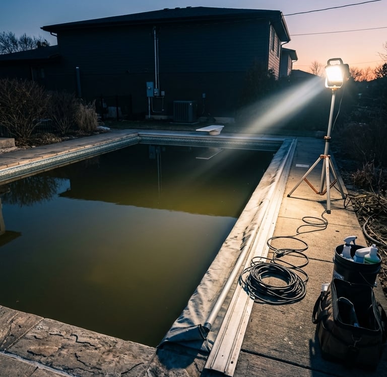 Professional pool maintenance crew using a bright work light to inspect a dark backyard swimming pool at dusk.