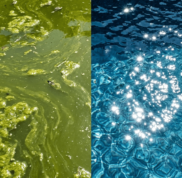 A split comparison of a dirty green algae pool vs clear blue sparkling swimming pool water.