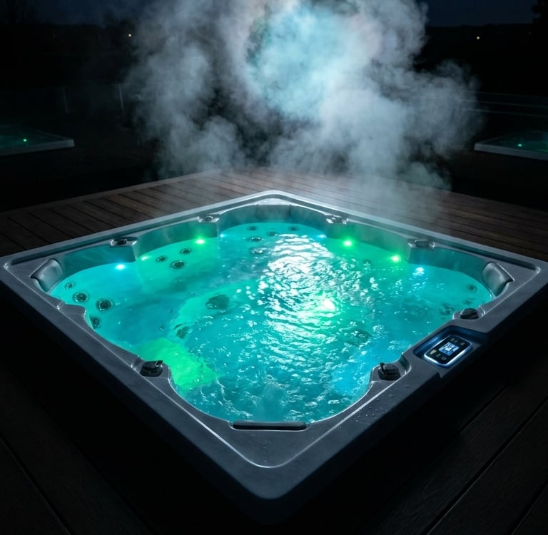 Steaming outdoor hot tub with glowing turquoise LED lights on a wooden deck at night.