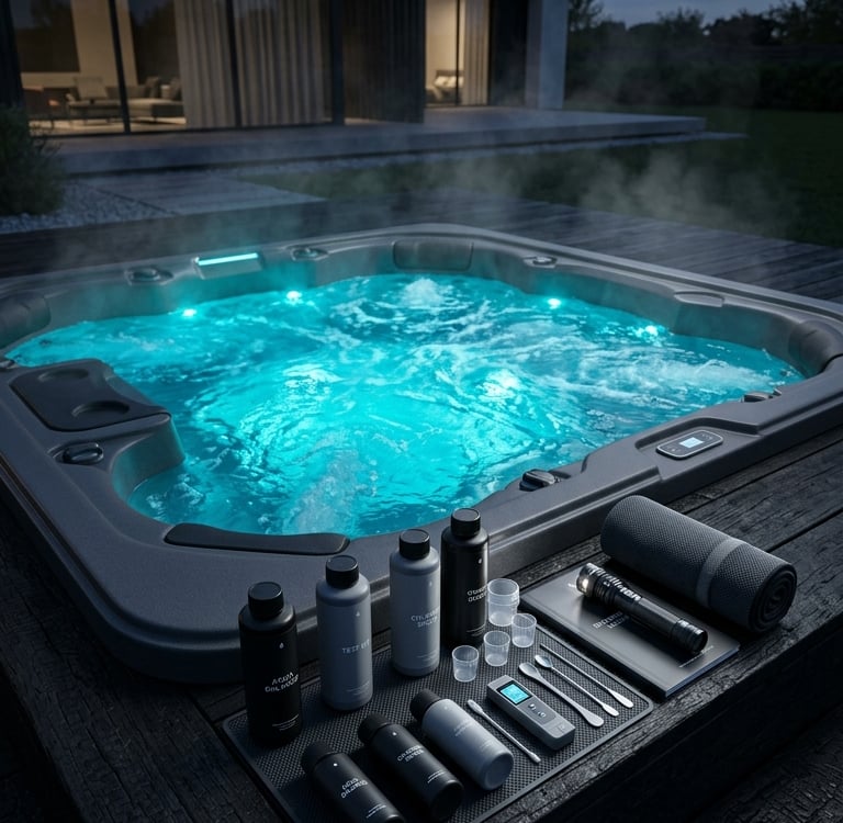 Luxury outdoor hot tub with glowing blue LED lights and water chemistry maintenance kit on a wooden deck.