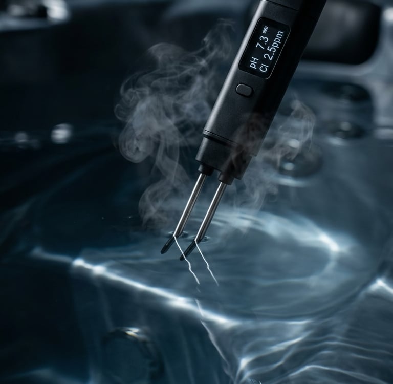 Digital smart water tester measuring pH and chlorine levels in a steaming hot tub.