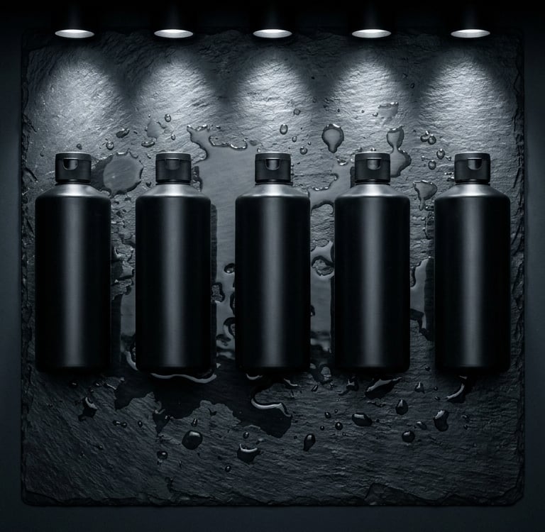 Five matte black cosmetic bottles on a wet stone surface with dramatic spotlighting.
