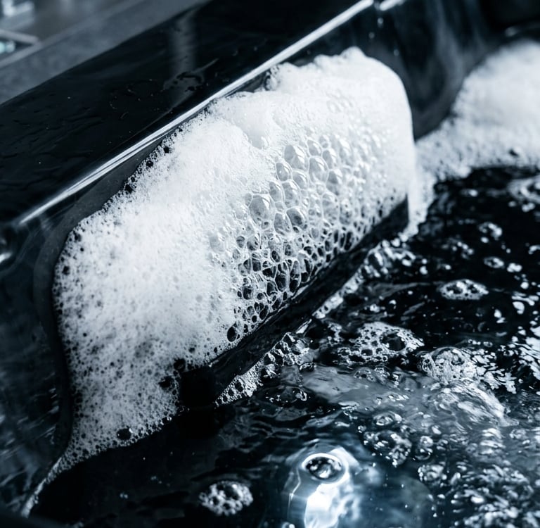 Close-up of bubbling water and white foam inside a luxury black hot tub spa.