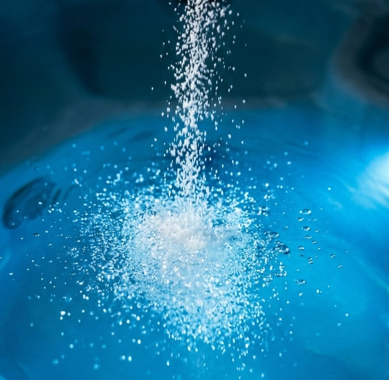 White granules being poured into the blue water of a hot tub for chemical maintenance.
