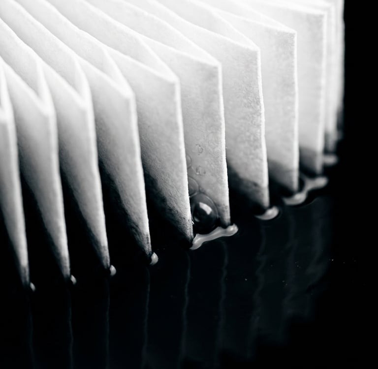 A white pleated air filter partially submerged in dark water, showing moisture absorption and filtration detail.