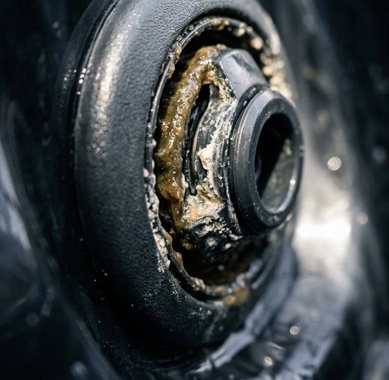 Close-up of a dirty hot tub jet with yellow biofilm and calcium buildup needing maintenance.
