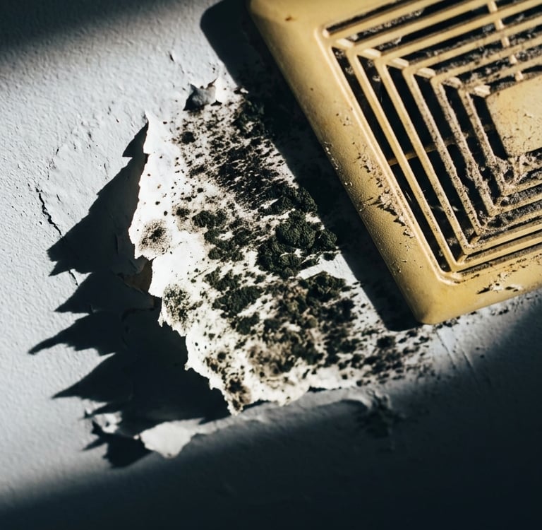 Black mold growth on a ceiling near a bathroom exhaust fan with peeling paint and water damage.