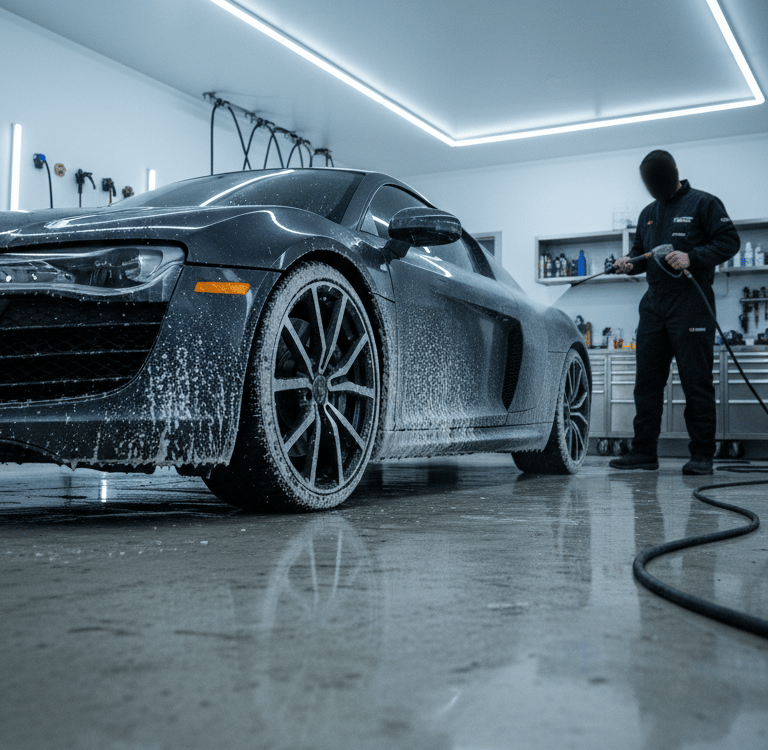 Professional car detailer applying snow foam wash to a grey Audi R8 in a modern studio.