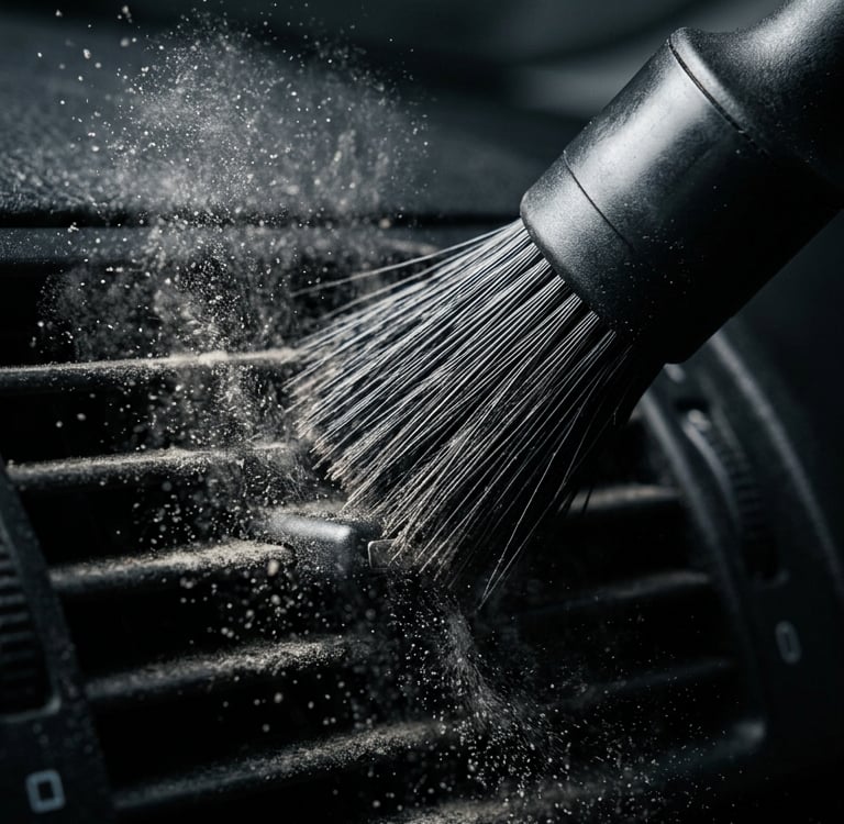 Professional car detailing brush removing dust from a vehicle dashboard air vent.