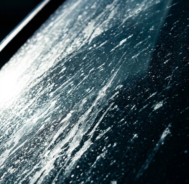 Close-up of a dirty car windshield with dried salt streaks and mud splashes needing a car wash.