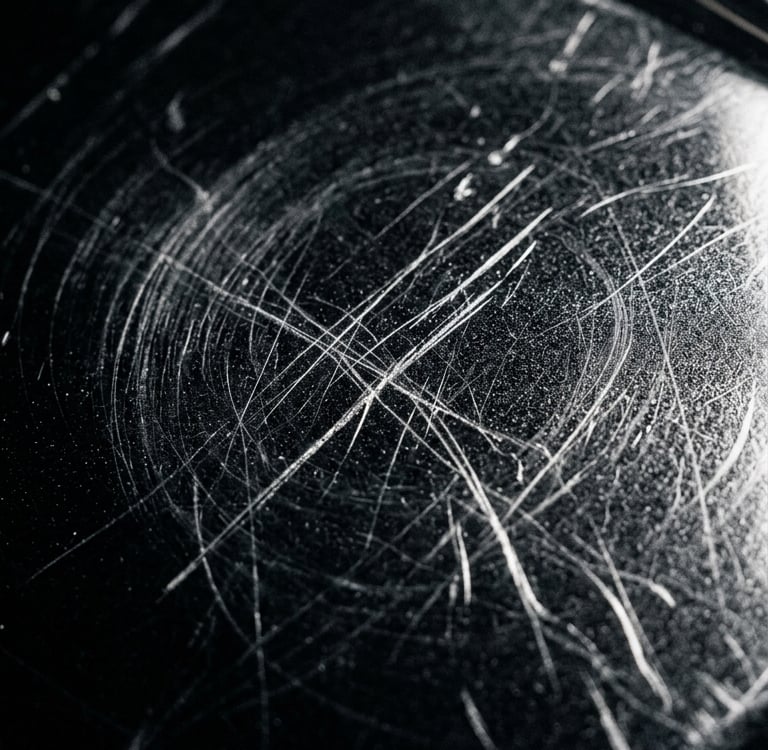 Close-up of circular scratches and texture on a dark, reflective car paint.