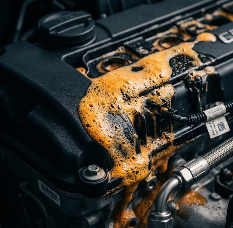 Orange fluid foam leaking from a car engine valve cover, indicating a mechanical failure or oil leak.