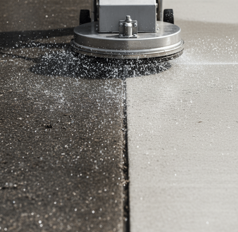 Professional surface cleaner machine power washing a dirty concrete driveway to restore its original look.