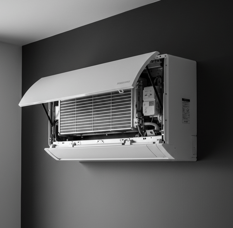 Ductless mini split air conditioner unit with open front panel for maintenance on a dark grey wall.
