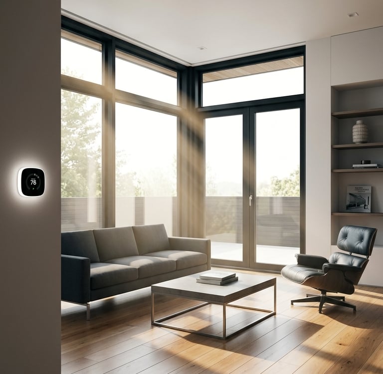 A modern smart thermostat on a wall in a sunlit living room with floor-to-ceiling windows.