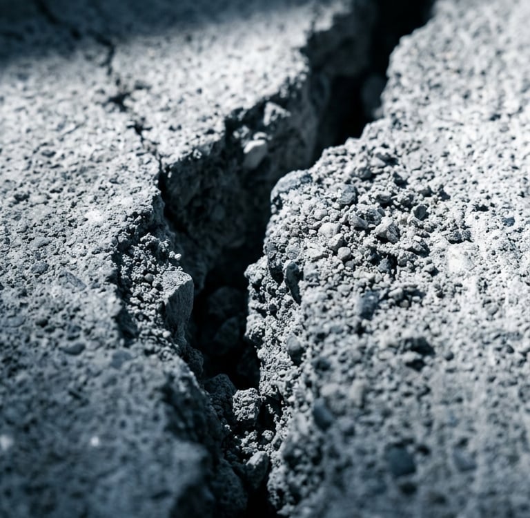 Close-up of a deep crack in a concrete pavement surface showing structural damage and erosion.
