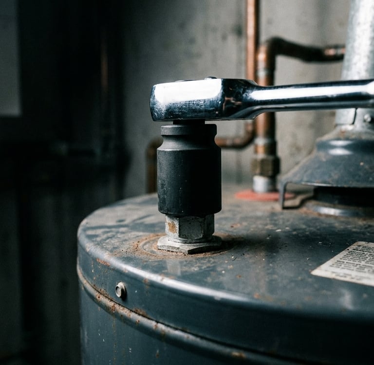 A socket wrench repairing a residential hot water heater tank in a basement.