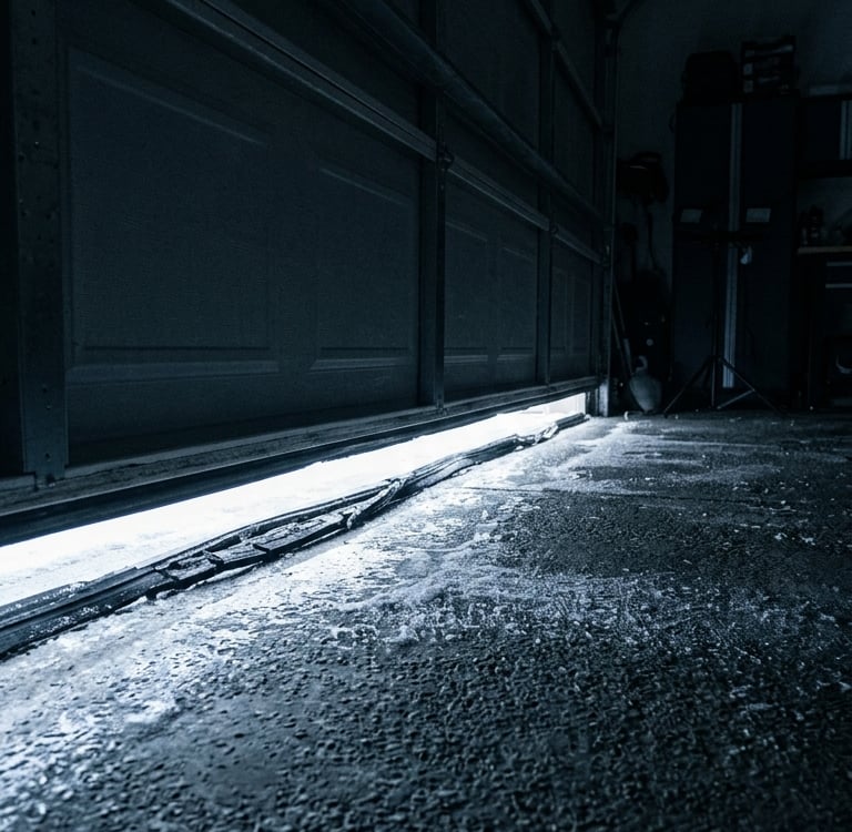Low angle view of a modern garage door slightly open with bright light shining onto the concrete floor.