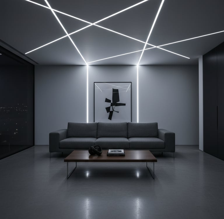 Modern minimalist living room featuring geometric LED linear ceiling lighting and a grey sofa.