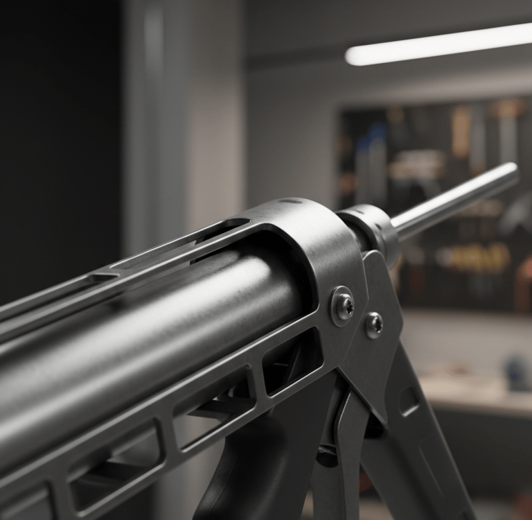 Professional heavy-duty caulking gun with ergonomic handle in a workshop setting.